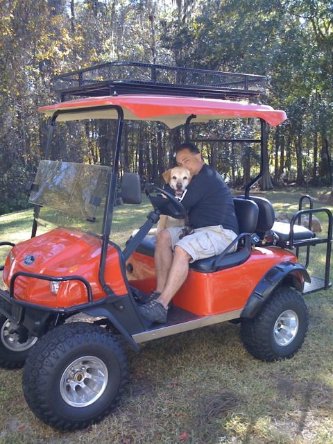 Buck the Yellow Lab in his golf cart