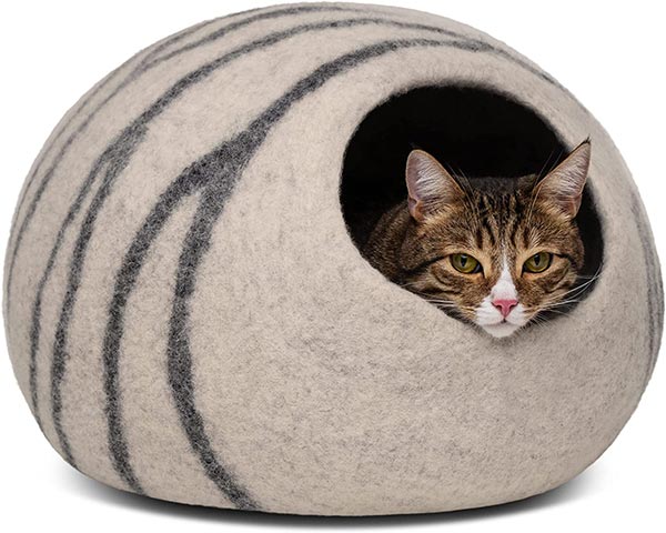 Photo of a brown and white cat sitting inside a cat cave