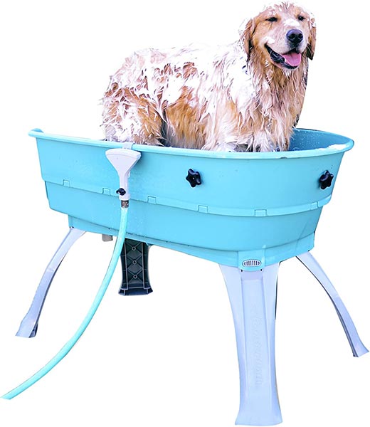 Photo of a dog getting a bath in the Booster Bath Elevated Pet Bath