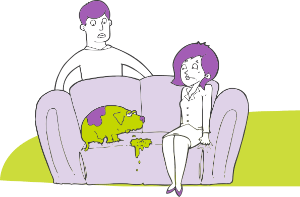 Cartoon of a dog throwing up on the a couch
