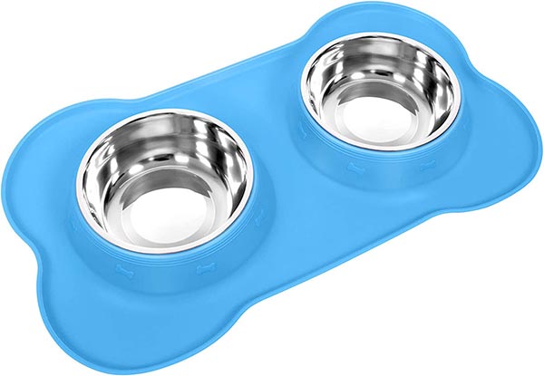 Photo of a Dog Cat Stainless Steel Bowls with blue Silicone Mat