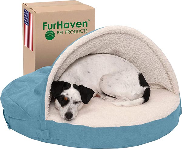 Photo of a dog sleeping in a Furhaven Cozy Pet Bed