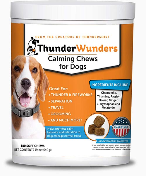 Photo of a bottle of ThunderWunders Dog Calming Chews