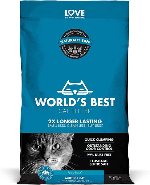 Photo of a bag of Worlds Best Cat Litter Lotus Blossom Scent