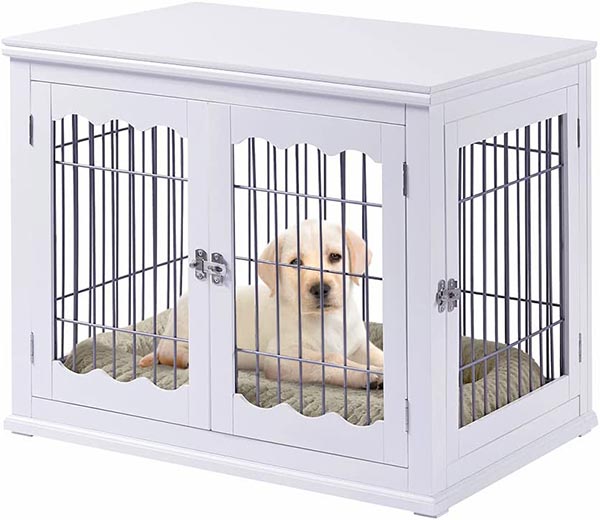 Photo of a puppy in a unipaws Furniture Style Dog Crate